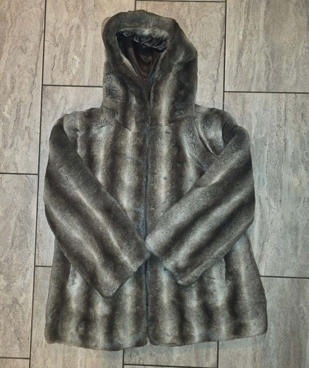 East 5th Faux Fur Hooded Jacket Size Medium Grey Striped
